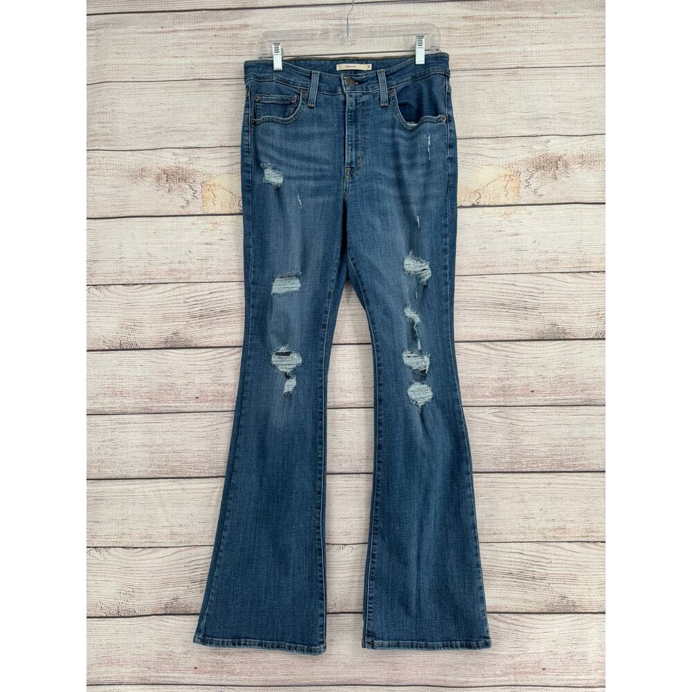 Levi's 726 Flare Distressed Stretch Jeans Womens 31 Blue Medium Wash Denim